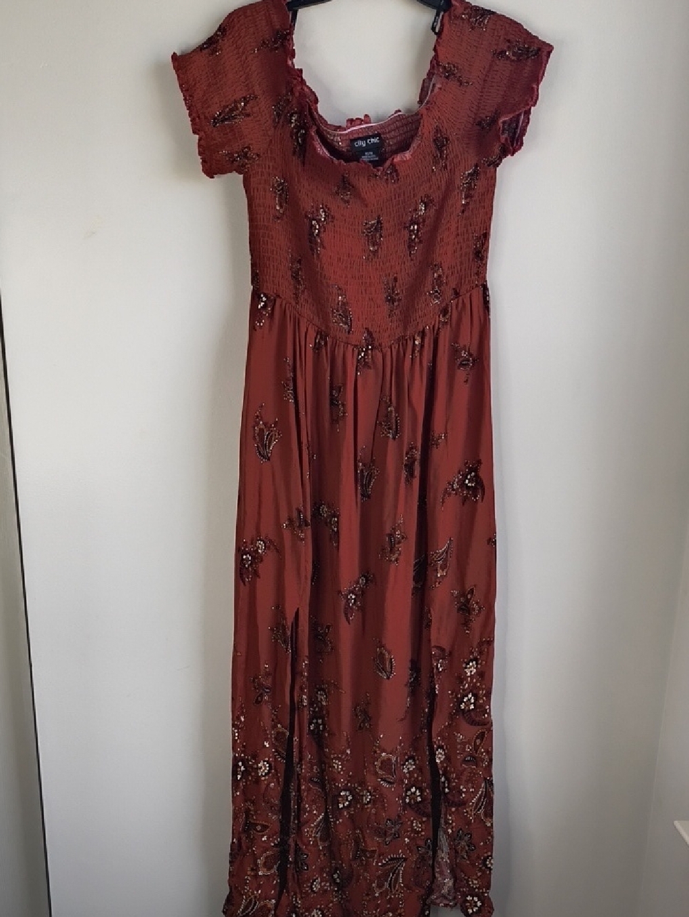 City Chic Rust Red Smocked Off Shoulder Maxi Dress